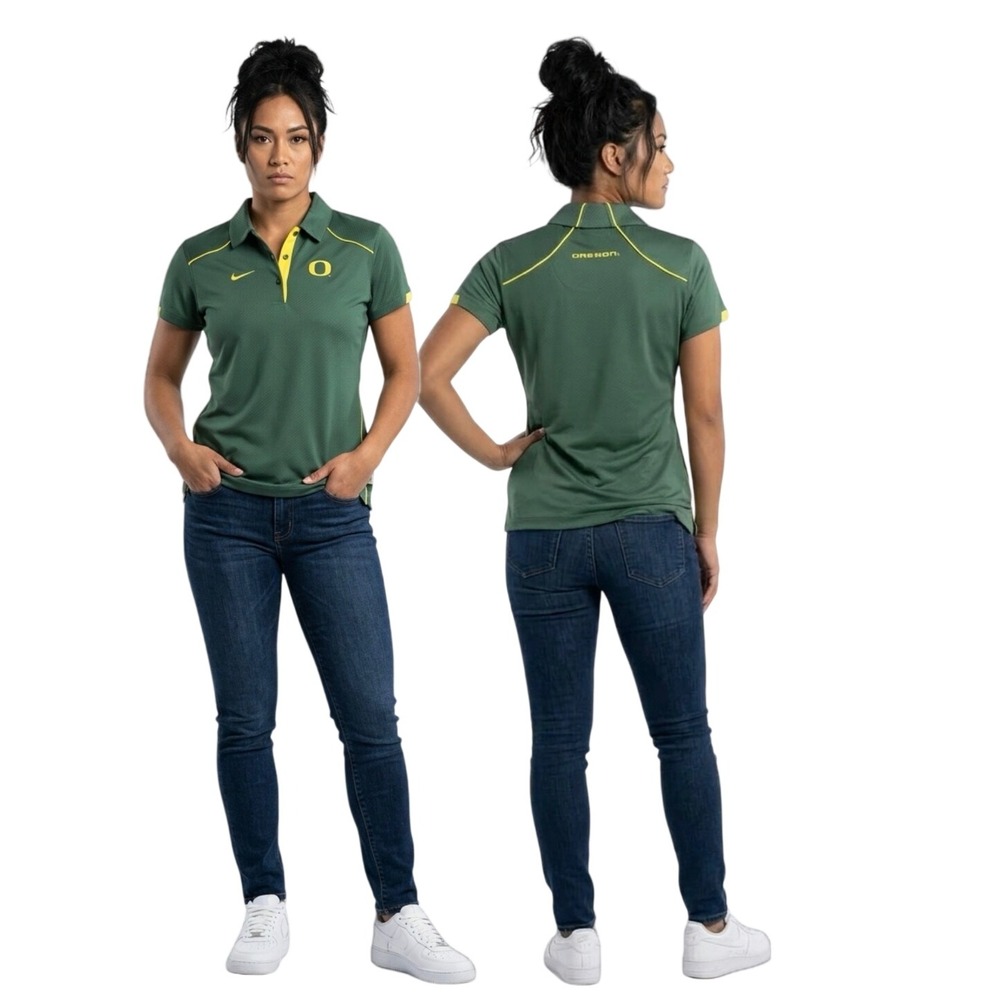 Nike Dri Fit Womens Medium Team Oregon Ducks Green Polo Coach Shirt Short Sleeve